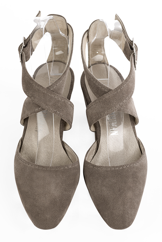 Taupe brown women's open back shoes, with crossed straps. Round toe. Medium wedge heels. Top view - Florence KOOIJMAN